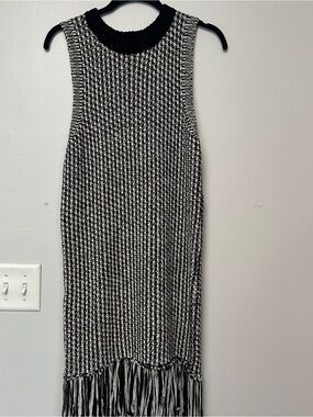 Sans Souci Black & White Knit Midi Dress with Fringe Hem